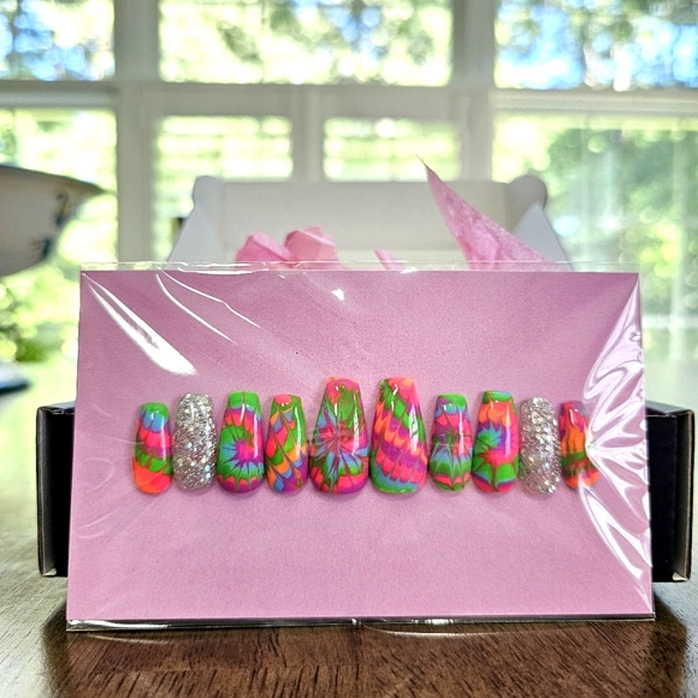Neon Tie Dye and Glitter Press-On Nails - Picture 2 of 7
